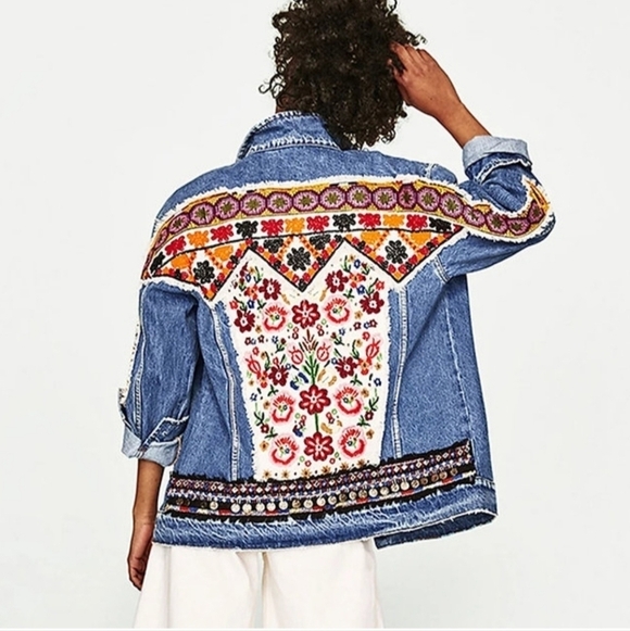Oversized Embroidered,  Tribal Print, Jean Jacket - Picture 15 of 16